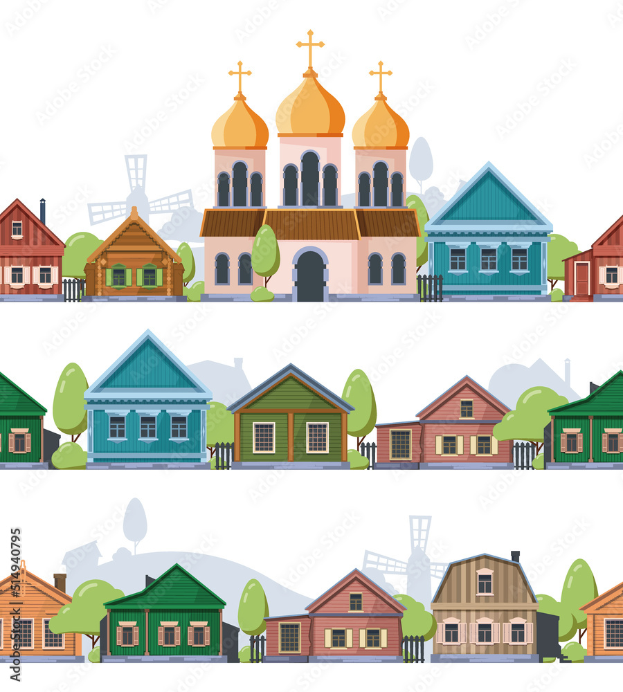 Naklejka premium Russian village landscape. Rural old style wooden houses garish vector seamless background template