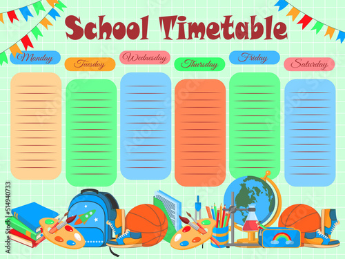 School timetable, weekly classes schedule on blackboard background. Vector school timetable chalk sketch schedule, education supplies and student study items, basketball ball, books and pens