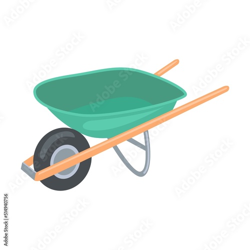 Garden wheelbarrow for earthworks. Garden tools illustrations in cartoon style. Bright gardening equipment, rake or shovel and lawnmower, farm or rural instrument