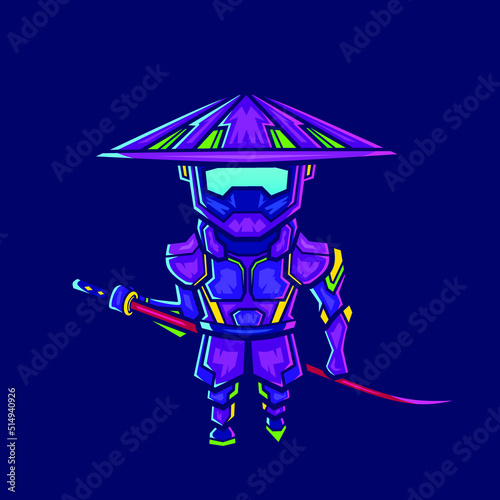 Samurai cyberpunk logo line pop art portrait fiction colorful design with dark background. 