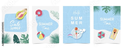 Party summer time postcard with pool and beach in the daytime background