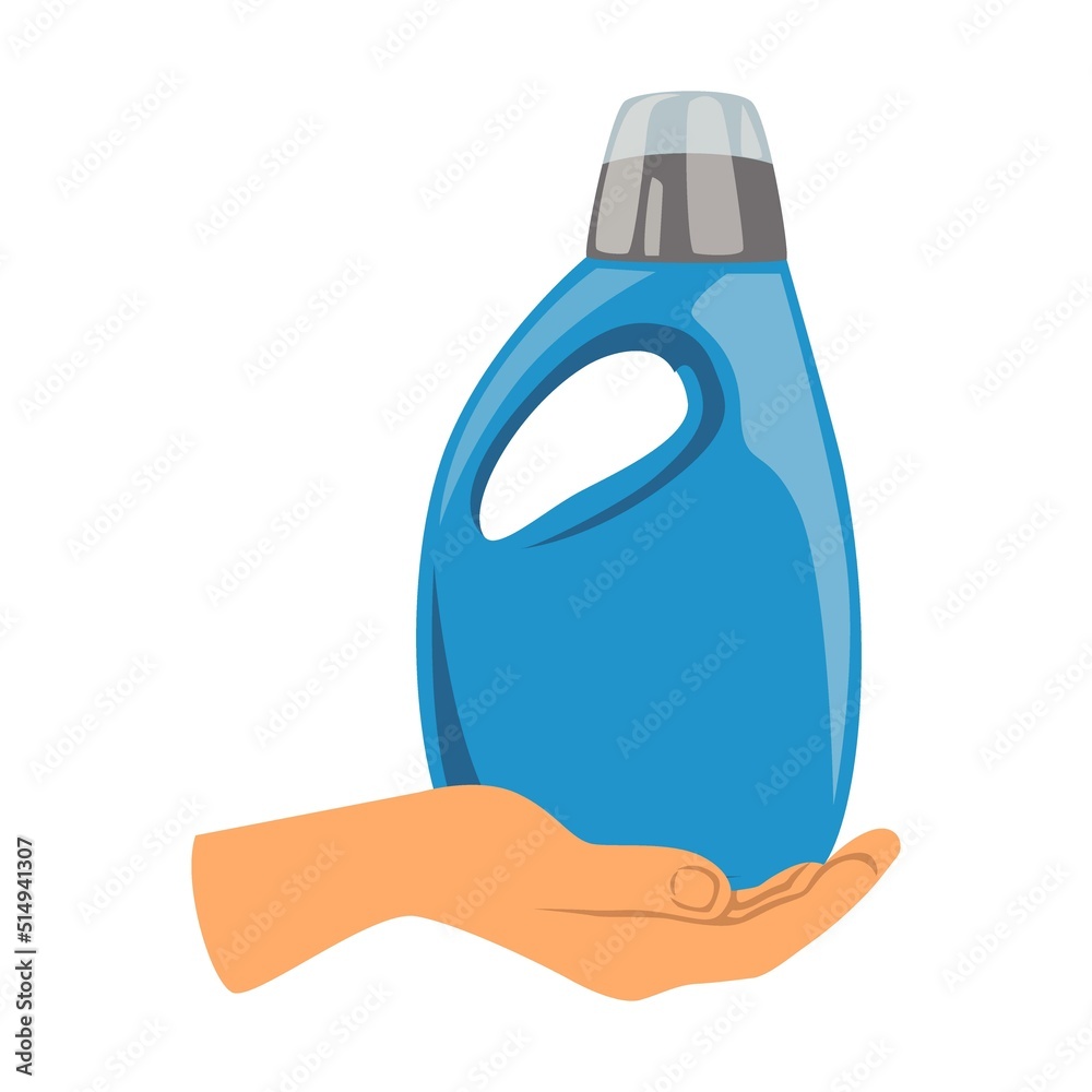 Hands with detergent container illustration in cartoon style. Household maintenance and cleaning tools with arms. Tools for making house Hands with detergent container illustration in cartoon style. Household maintenance and cleaning tools with arms. Tools for making house
