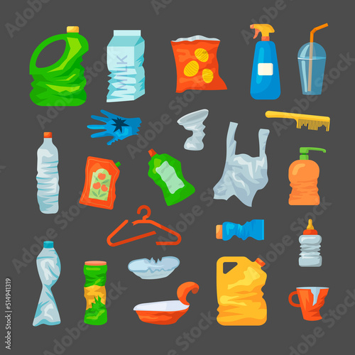 Plastic garbage. Boxes empty bottles packages waste for recycling recent vector plastic products