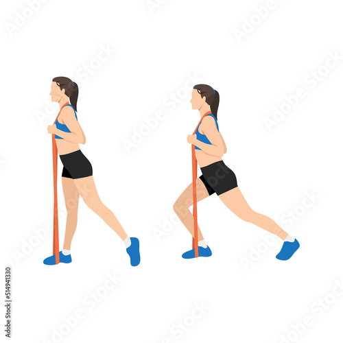 Woman doing Lunge with long resistance band exercise. Flat vector illustration isolated on white background