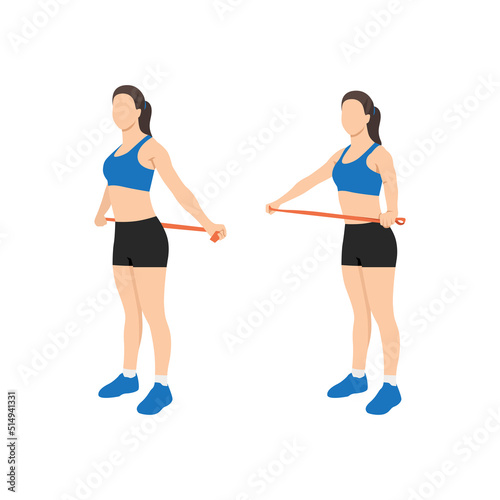 Woman doing Shoulder stretch with long resistance band exercise. Flat vector illustration isolated on white background