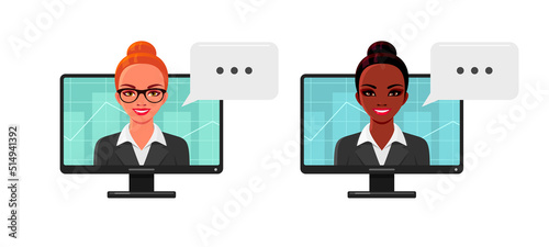 Businesswomen portraits on computer screen. Set of female characters, African American and European girls, trader, manager or realtor with graph. Vector cartoon illustrations isolated on background