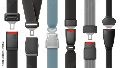 Safety belts. Vehicle airplanes driving belts with lock for save your life in road accident decent vector illustrations in realistic style