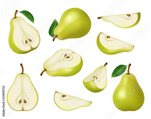 Pears collection. Green and yellow delicious healthy fruits decent realistic vector pictures set isolated