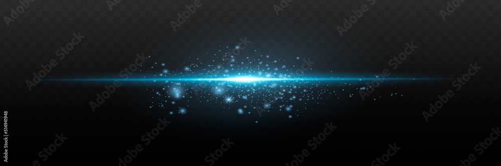 Blue horizontal lens flares pack. Laser beams, horizontal light rays. Beautiful light flares. Flash light with fairy dust sparks and golden stars shine.