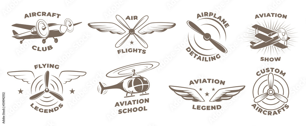Airplanes badges. Aviators symbols propellers wings of airplanes exact vector labels with place for text