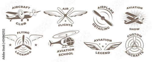 Airplanes badges. Aviators symbols propellers wings of airplanes exact vector labels with place for text