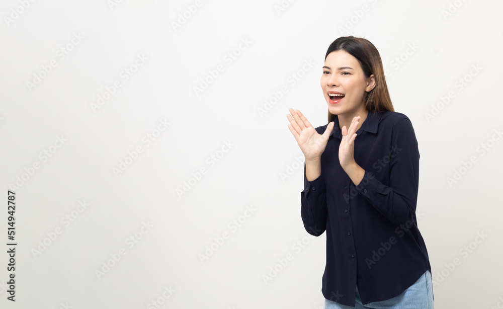 Excited mixed race woman shout out loud wow with hands on isolated background. Happy shocked face female wow promotion advertising concept.