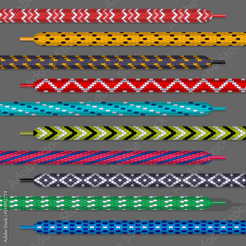 Shoelace designs. Different types of ropes boots shoelaces templates set recent vector collection