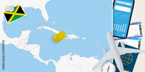 Travel to Jamaica concept, map with pin on map of Jamaica. Vacation preparation map, flag, passport and tickets.