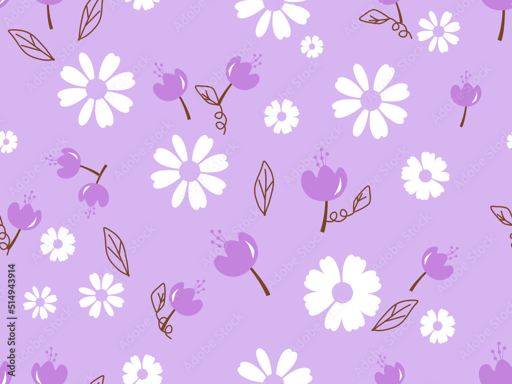 Seamless pattern with daisy flower and cute tulips on purple background vector. Cute floral print. 