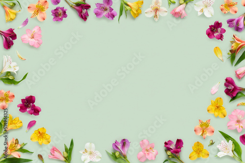 Fototapeta Naklejka Na Ścianę i Meble -  Floral frame border of assorted Alstroemeria flowers, also known as Peruvian lily or lily of the Incas, leaves buds and petals on green background top view flat lay