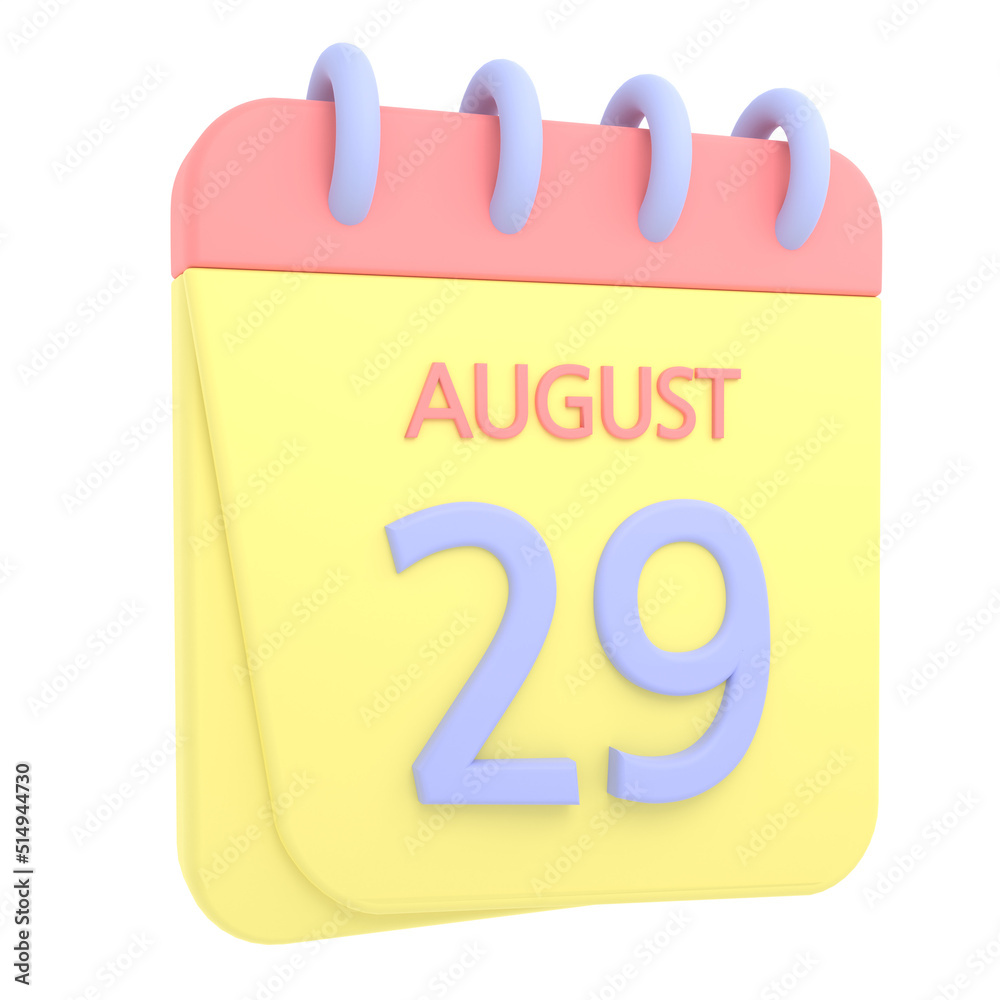 29th August 3D calendar icon. Web style. High resolution image. White background