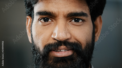 Fotografia, Obraz Close up portrait male bearded face adult brunet man with dark brown eyeballs lo