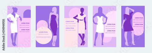 Set of templates for stories. Women's silhouettes in beautiful dresses. Fashion and beauty. Photo poses. Women Health. Flat vector illustration.