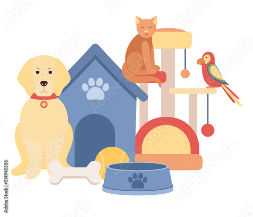 Pet shop concept. Pet food, pet furniture, parrot, dog and cat and pet supplies. Vector flat illustration 
