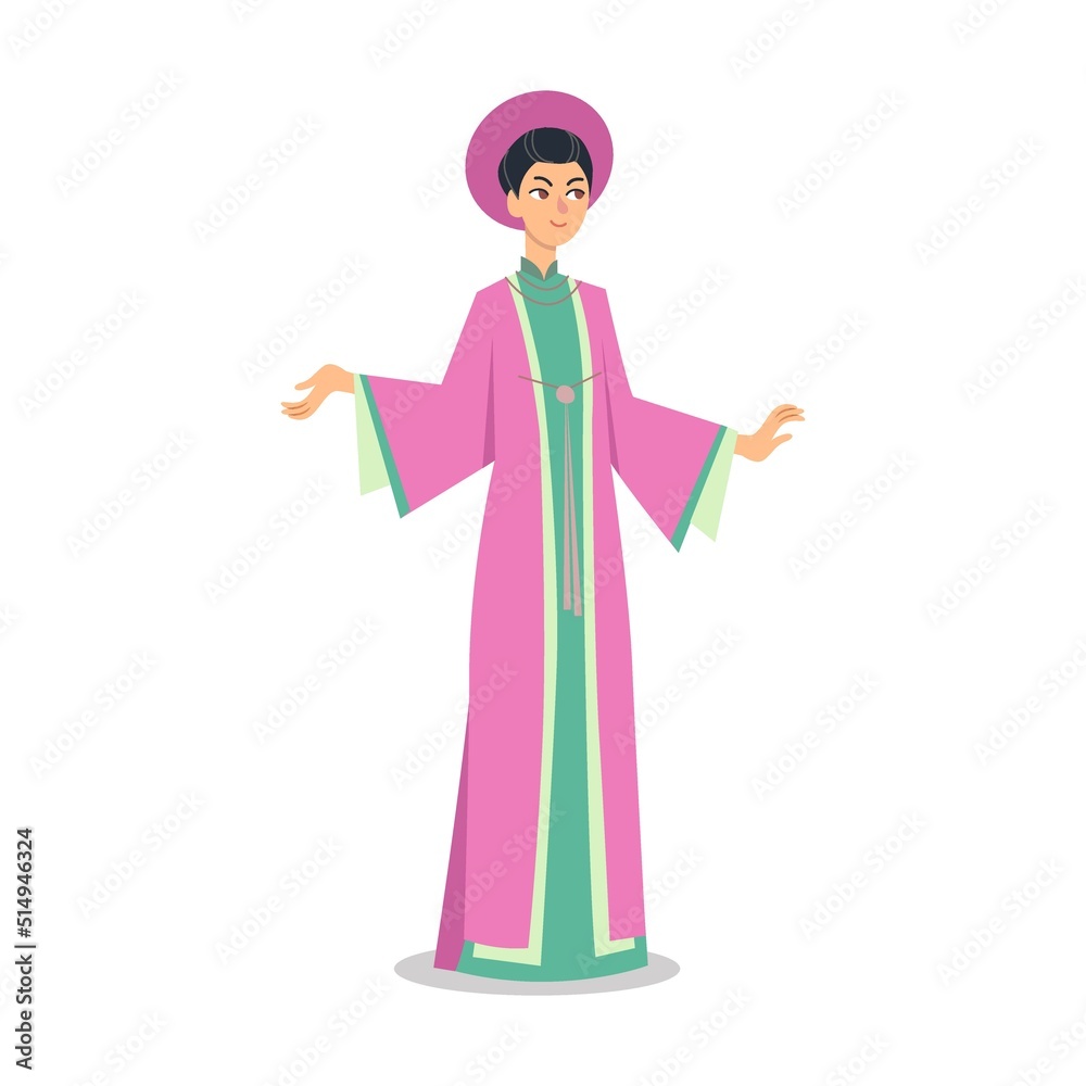 Asian woman character in traditional clothes vector illustration. Japanese or Chinese people wearing kimonos, national costumes isolated on white