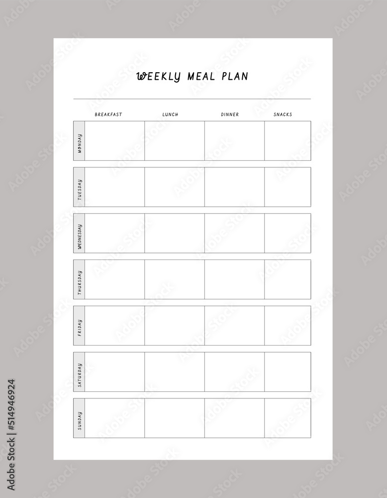 (Black) Weekly Meal Planner printable template Vector. Easily plan out