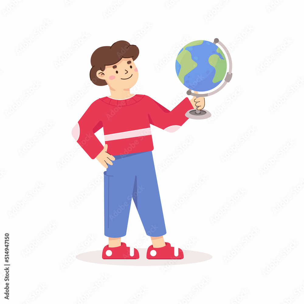 Fototapeta premium Little boy with a globe. Science geography. Kids travel theme