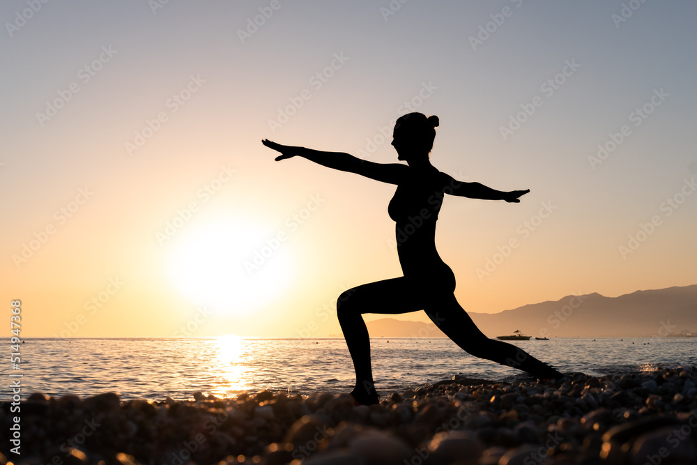 Yoga wellness retreat class on morning sunrise beach landscape. Silhouette of girl standing in warrior pose meditation vertical background.