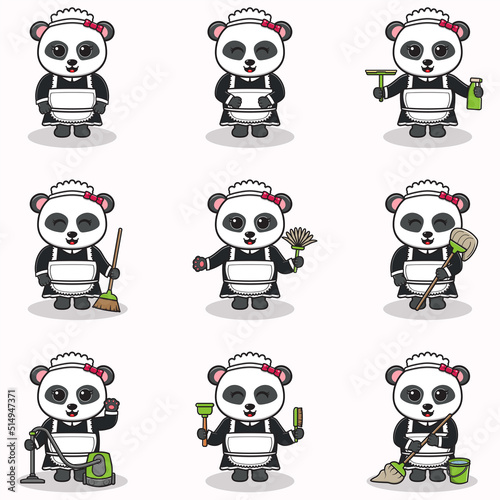 Vector illustration of cute Panda with maid uniform. Animal character design. Panda with cleaning equipment. Set of cute Panda characters.