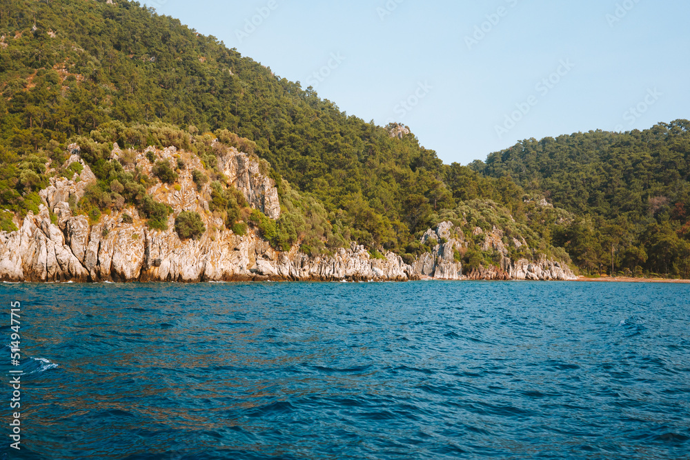 Aegean sea and forest mountain landscape in Turkey nature destinations beautiful travel scenery summer season