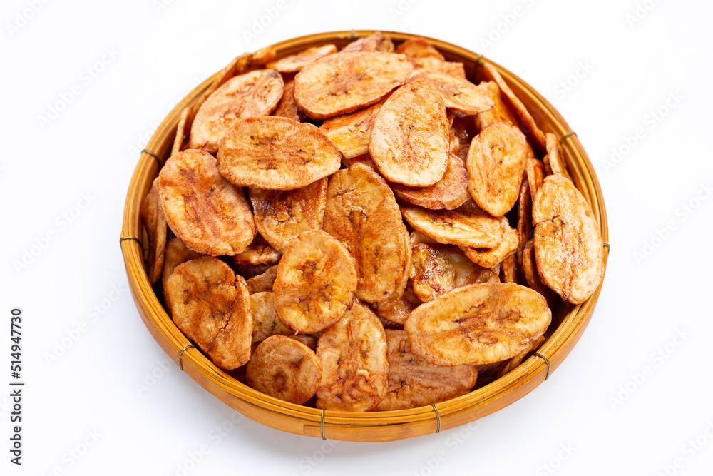 Banana chips on white background. Banana chips on white background.