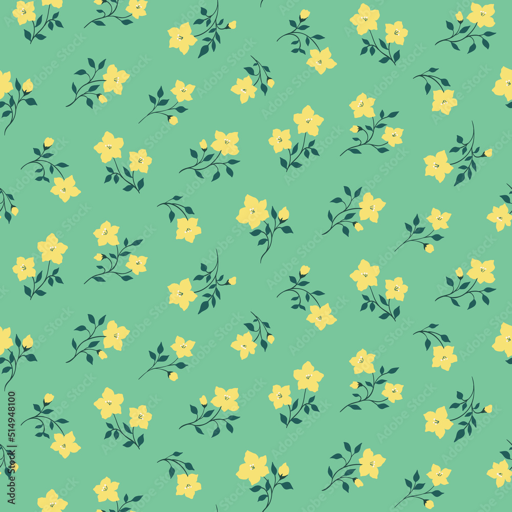 Seamless floral pattern, cute ditsy print with small yellow flowers on a pastel green field. Pretty botanical background with tiny decorative plants, small flowers, leaves on thin twigs. Vector.