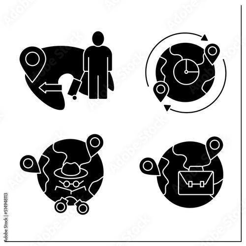 Migration glyph icons set. Labor, irregular migration, emigration, migrant flow. Relocation concept.Filled flat signs. Isolated silhouette vector illustrations