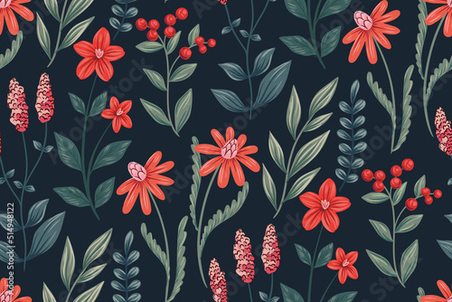Seamless floral pattern, fairy ditsy print with red flowers on a dark field. Beautiful botanical background with wild flowers, leaves and herbs, hand drawn plants in vintage style. Vector.