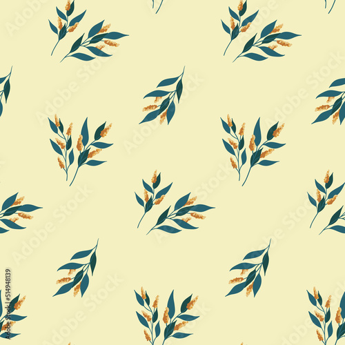 Seamless floral pattern with herbs in a rustic style. Simple botanical background, floral print with wild plants, small tassels of flowers, leaves on branches. Vector illustration.
