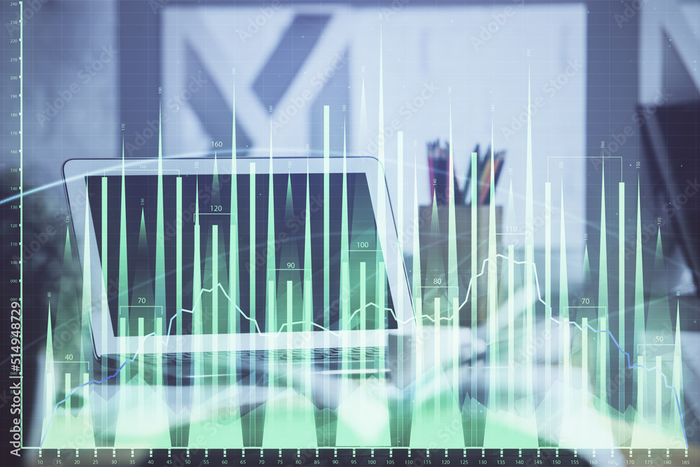Stock market chart hologram drawn on personal computer background. Multi exposure. Concept of investment.