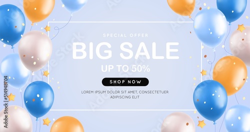 Big sale with 3d balloons, realistic blue and yellow air balloons, stars and confetti on blue background. Special offer banner, shop grand opening festive concept. Vector illustration