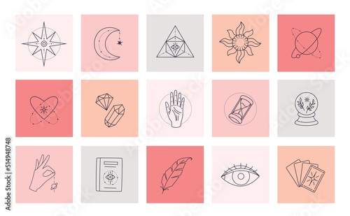 Esoteric elements collection. Magic icons minimalist symbols, Hand drawn linear vector illustration