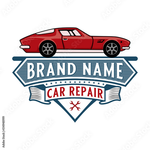 vintage automotive logo design. classic car in frame with wrench symbol, for car repair shop