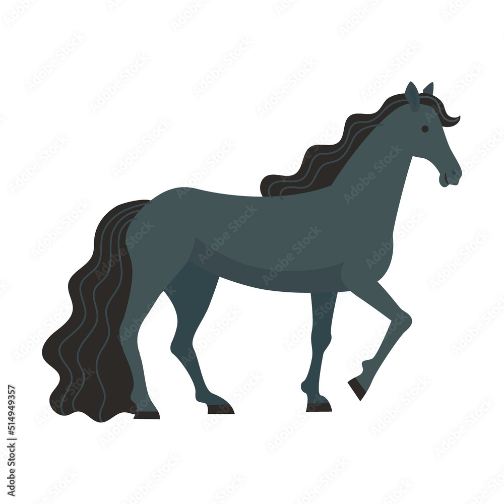 Mustang horse standing. Breed of horse flat vector illustration. Colorful domestic animals and running isolated on white