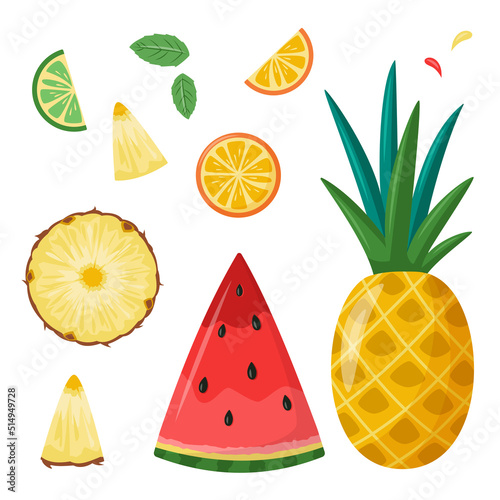 Summer fruits: pineapple, watermelon, lime, orange. Set of stickers, patches, badges, pins. Bright summertime collection. Scrapbooking elements for beach party, cafe or bar menu. Isolated on white