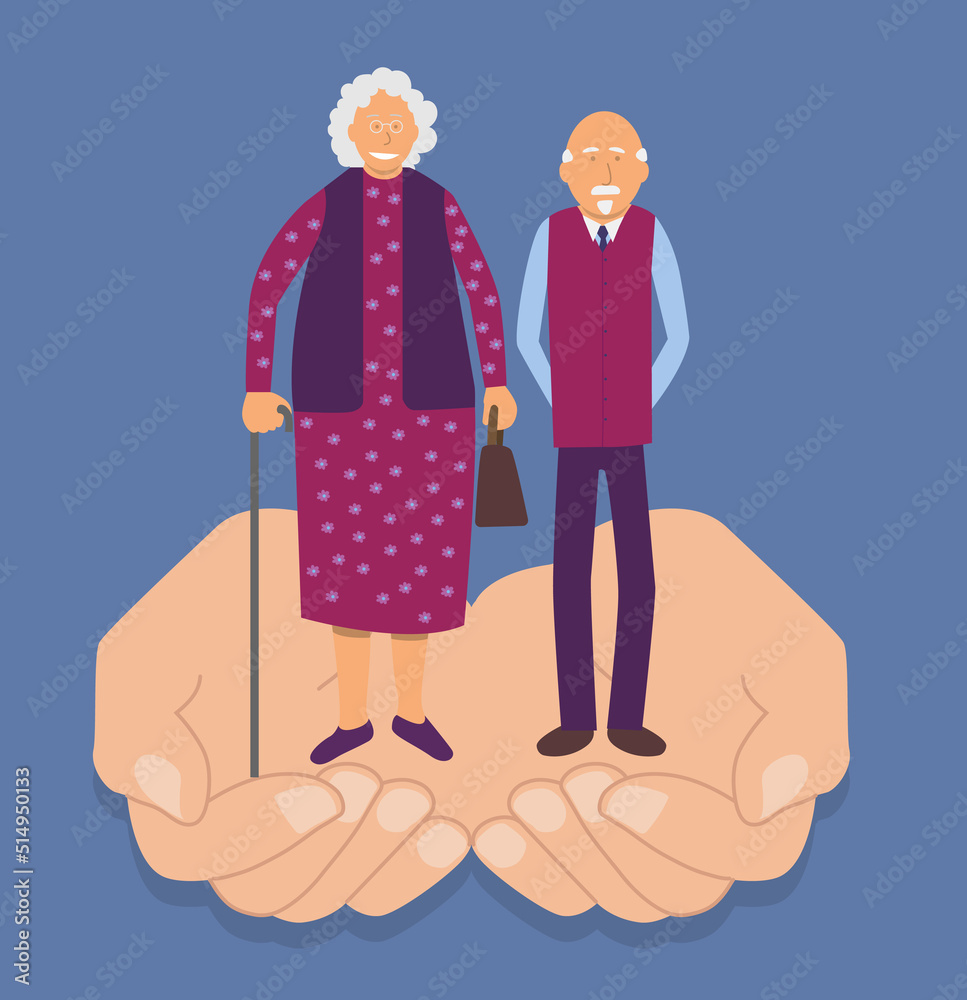 Un Couple De Personnes âgées Est Soutenu Par Deux Grandes Mains Qui Symbolisent La Protection