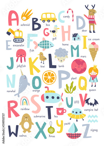 Scandinavian english alphabet for kids. Cartoon abc poster for nursery with cute doodles.