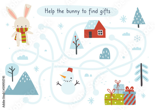 Mini christmas labyrinth game for children. Winter maze with cute bunny for kids.