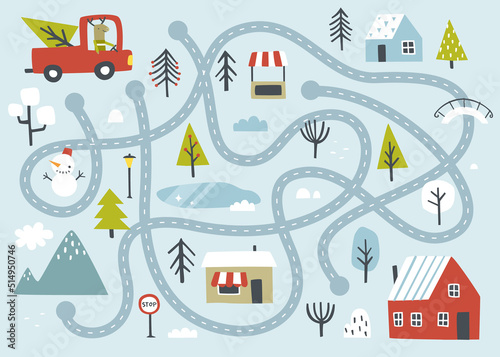 Cute christmas mini labyrinth game for children. Winter town maze with car for kids.