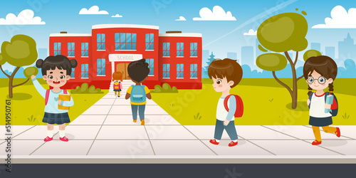 Kids go to school. Pupils on the sidewalk to school. Cute cartoon schoolchildren go to classes.