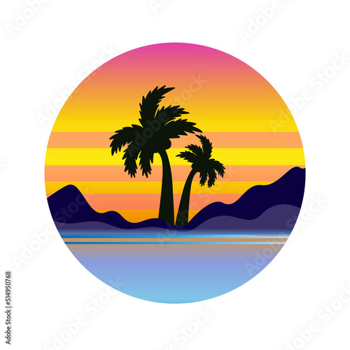 Fototapeta Naklejka Na Ścianę i Meble -  Sunset With Palm Trees In Retrowave Grunge Style. Future modern icon design. vector illustration