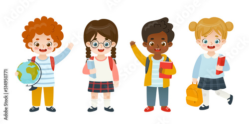 Set of adorable school children. Happy diverse kids back to school. Cute pupils collection.