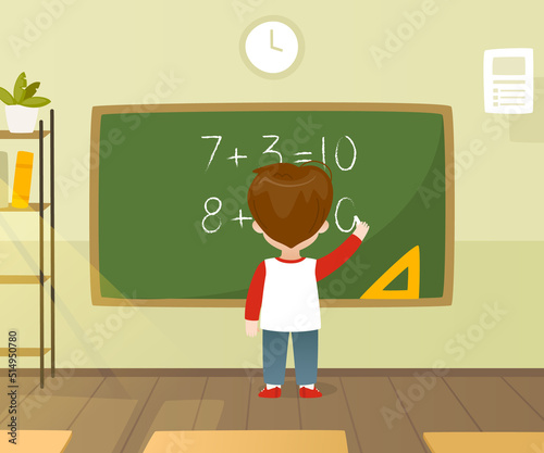 Kid writing equation on the chalkboard. Schoolboy learning math in the classroom. Boy in front of the school blackboard.