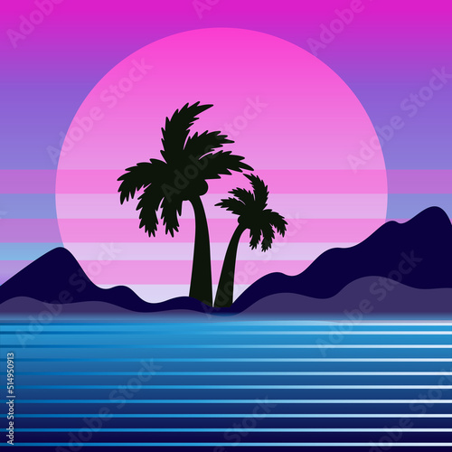 Sunset With Palm Trees In Retrowave Grunge Style. Future modern icon design. vector illustration